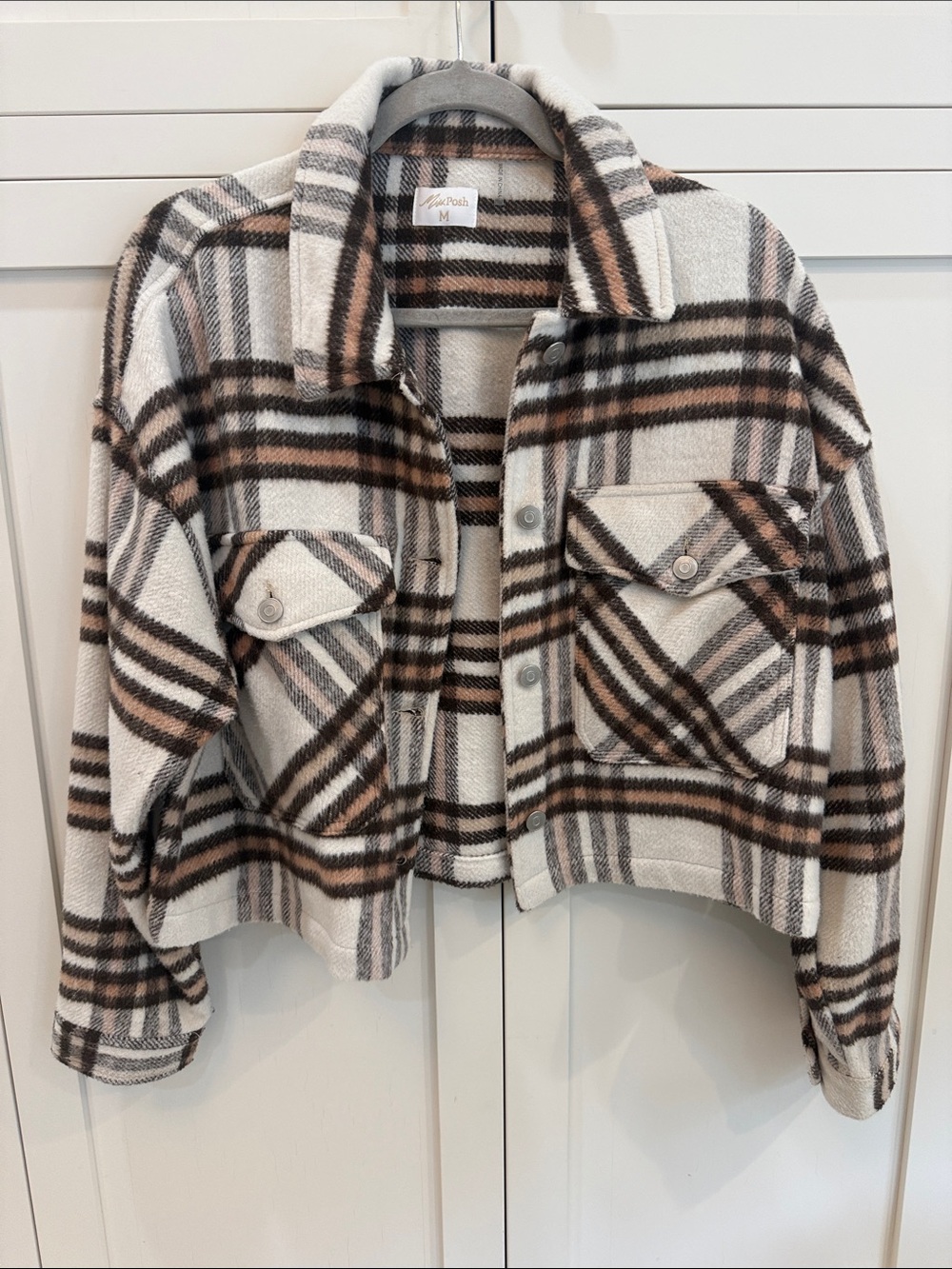 Plaid Cropped Shacket Jacket - Cream & Brown